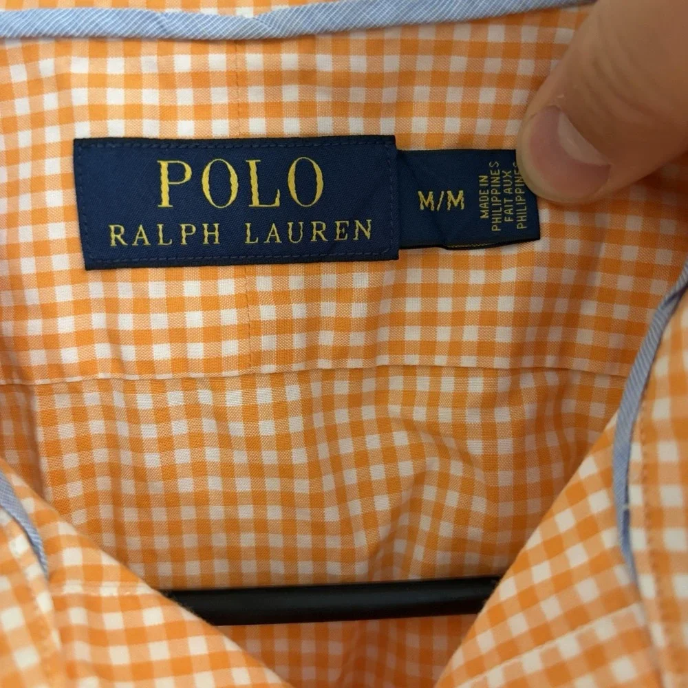 Polo Ralph Lauren Button Down Shirt Orange White Gingham Check Mens Medium‎